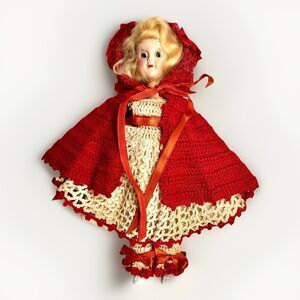 Vintage Little Red Riding Hood Crochet Doll 9” Handmade 1950s Fairy Tale Folk